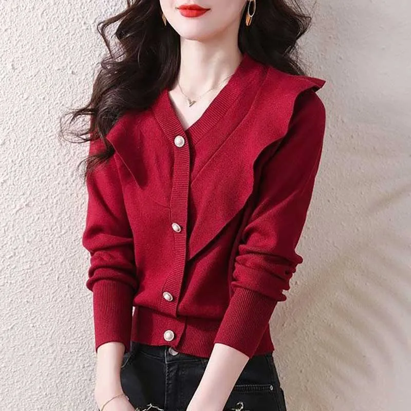 Camisa elegante con cuello en V y botones para mujer, camisa con volantes empalmados de Color sólido, ropa informal holgada, blusas que combinan con todo, otoño e invierno, 2023