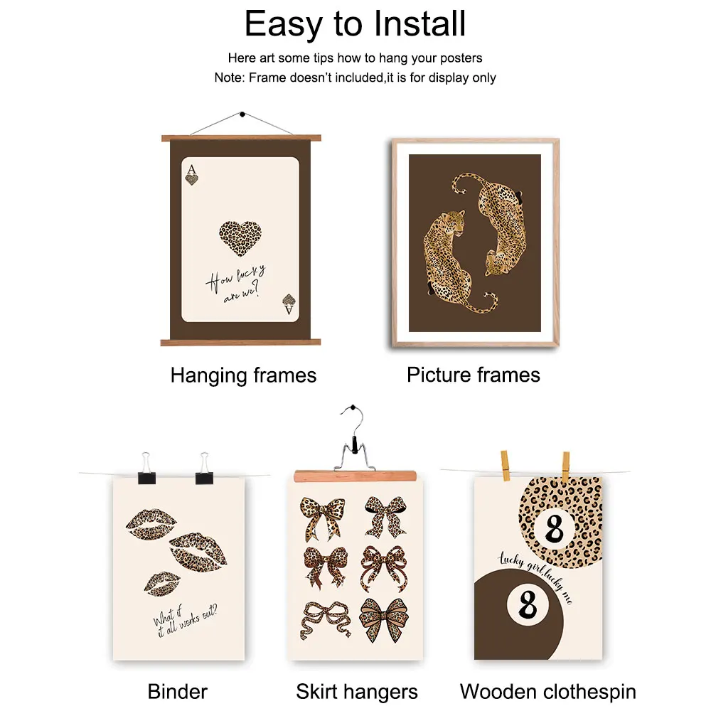 مجموعة من 6 أقواس ليوبارد الفهد البني غير المؤطرة لاكي 8 كرات ملصق فني عصري جمالي كوكيت جرلي غرفة الدوبامين ديكور الطلاء #6