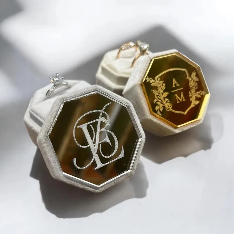 

Personalised Acrylic Topper Velvet Ring Box Wedding Octogon Ring Box Engagement Proposal Idea Double/Triple Slot Ring Holder