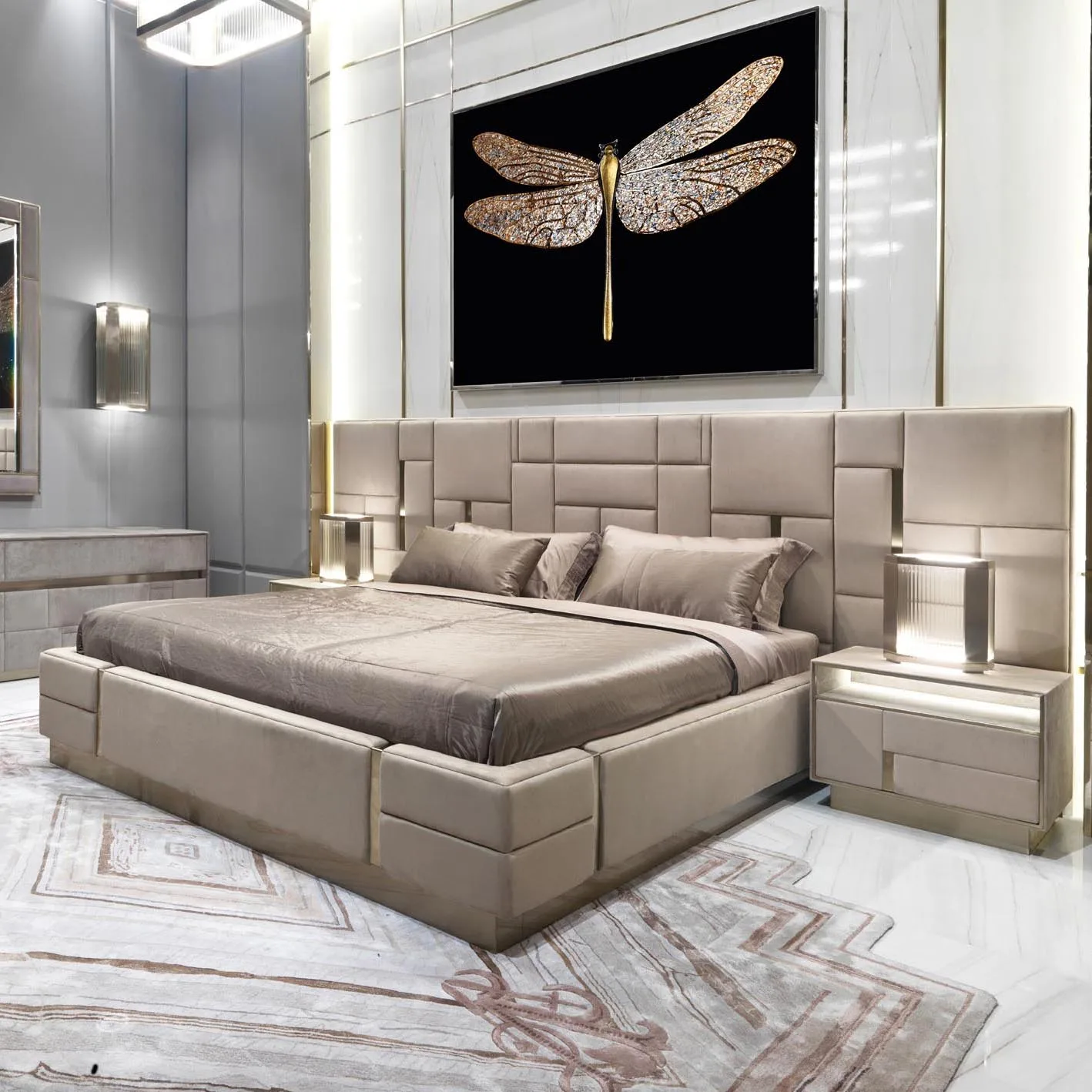 −For  Modern Luxury King-Size Platform Bed Set Cream Puff Soft Senna MDF Mattress Rotating Circle Frame Extendable Storage&