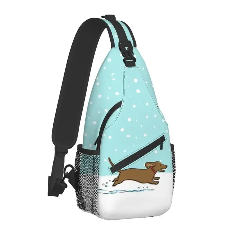 Casual Happy Holiday Snow Dachshund Sling Bag for Travel Hiking Men's Cute Wiener Dog Crossbody Chest Backpack Shoulder Daypack