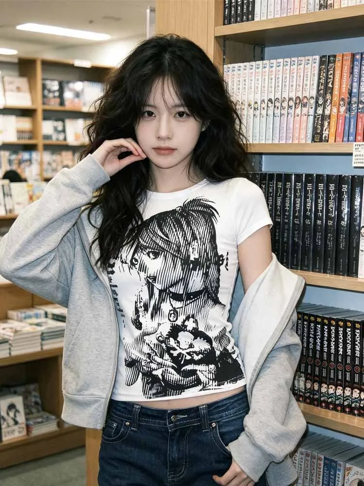 Gothic Vertical Print English Anime Girl Short Sleeve T-Shirt Dark Gothic Style Regular Fit Cinched Waist