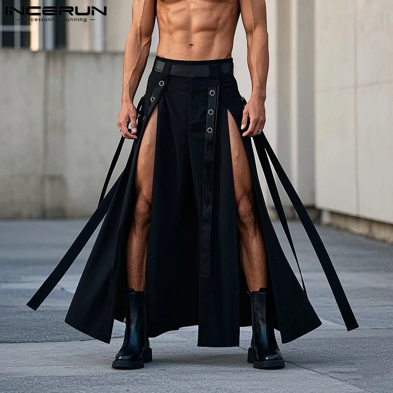 

Fashion Men Skirts Solid Pants Elastic Waist Split Irregular Trousers Men Skirts INCERUN Streetwear 2025 Oversize Men Bottoms
