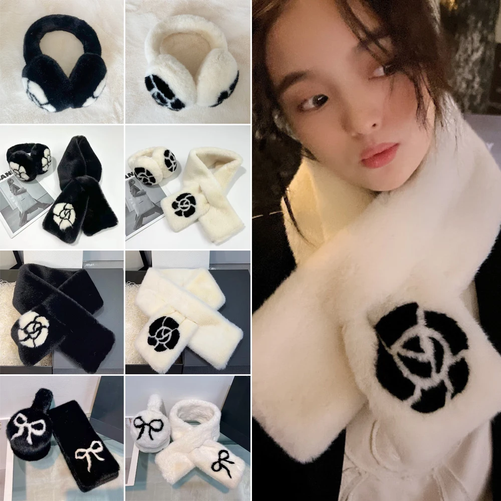 Fashion Camellia Ear Muffs Thicken Collar Shawl Neck Warmer Warm Earmuffs Keep Warm Cold Protection Plush Fur Scarf Women