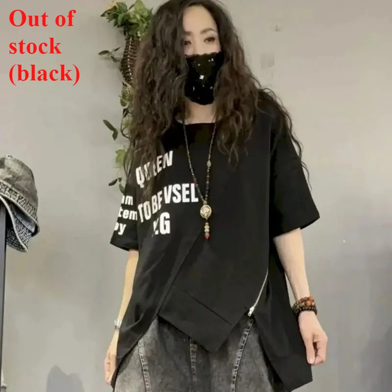 Summer Trend T-shirts Women Fashion Letter Print Zipper Design T Shirt Fashion Irregular Short Sleeve Tops Loose Thin Tshirt Y2k