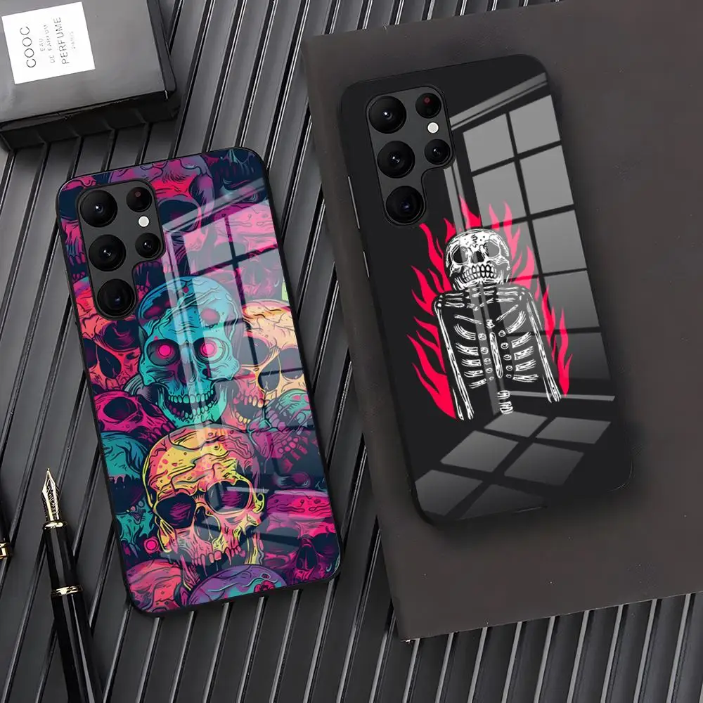 Spooky Skull Patterns Phone Case For Samsung A25 A13 A33 5G A54 A36 A35 A56 A52 A14 Shockproof Glass Cover