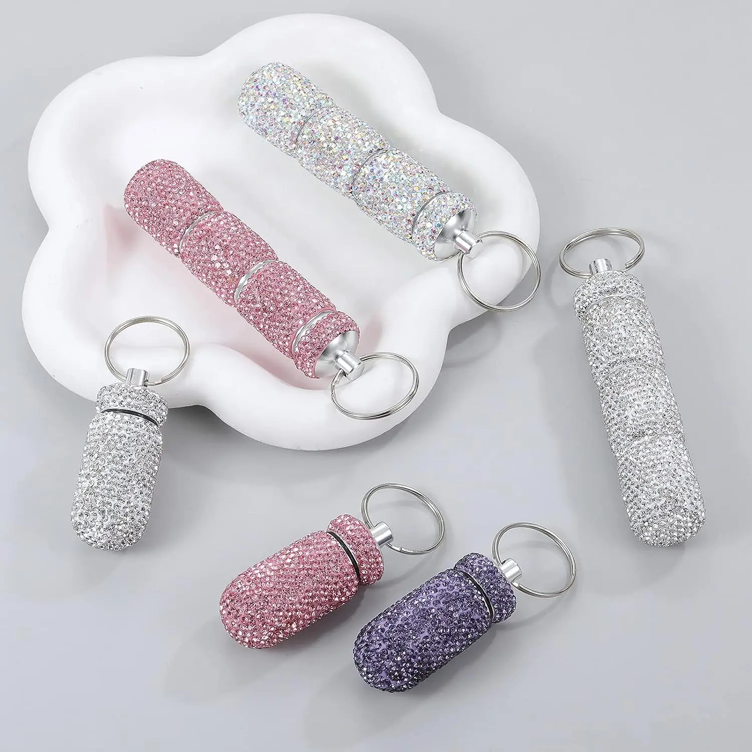 Bling Pill Case Portable Travel Pill Container ins Rhinestone Waterproof Small Pill Holder with Keychain Cute Pill Storage Box