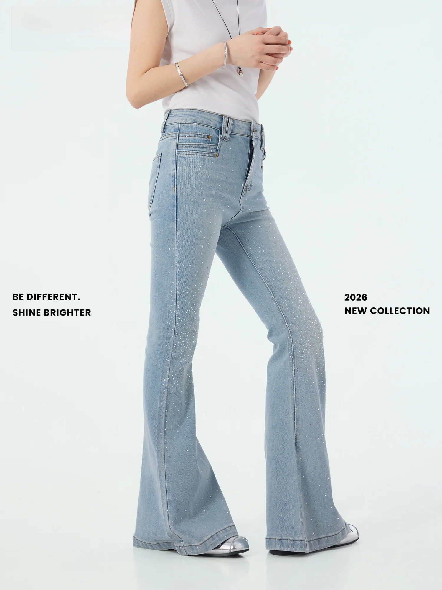 

Summer New Style Light Blue Retro Flared Denim Pants Women Slimming Elastic Long Trousers DiDi MAX X58231 Cotton Natural Waist