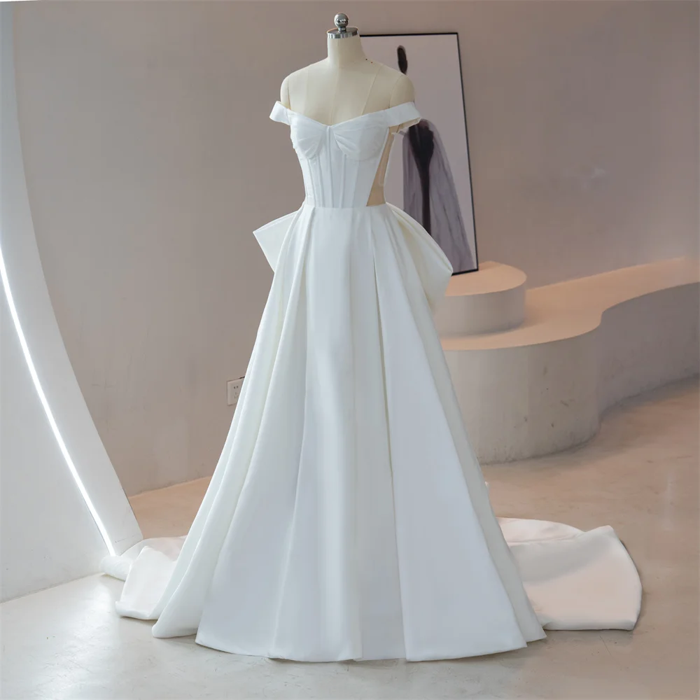 Classic Scoop Wedding Gowns for Women Satin A-line Short Sleeves Court Train With Bow Robe De Mariee Customised QD06375