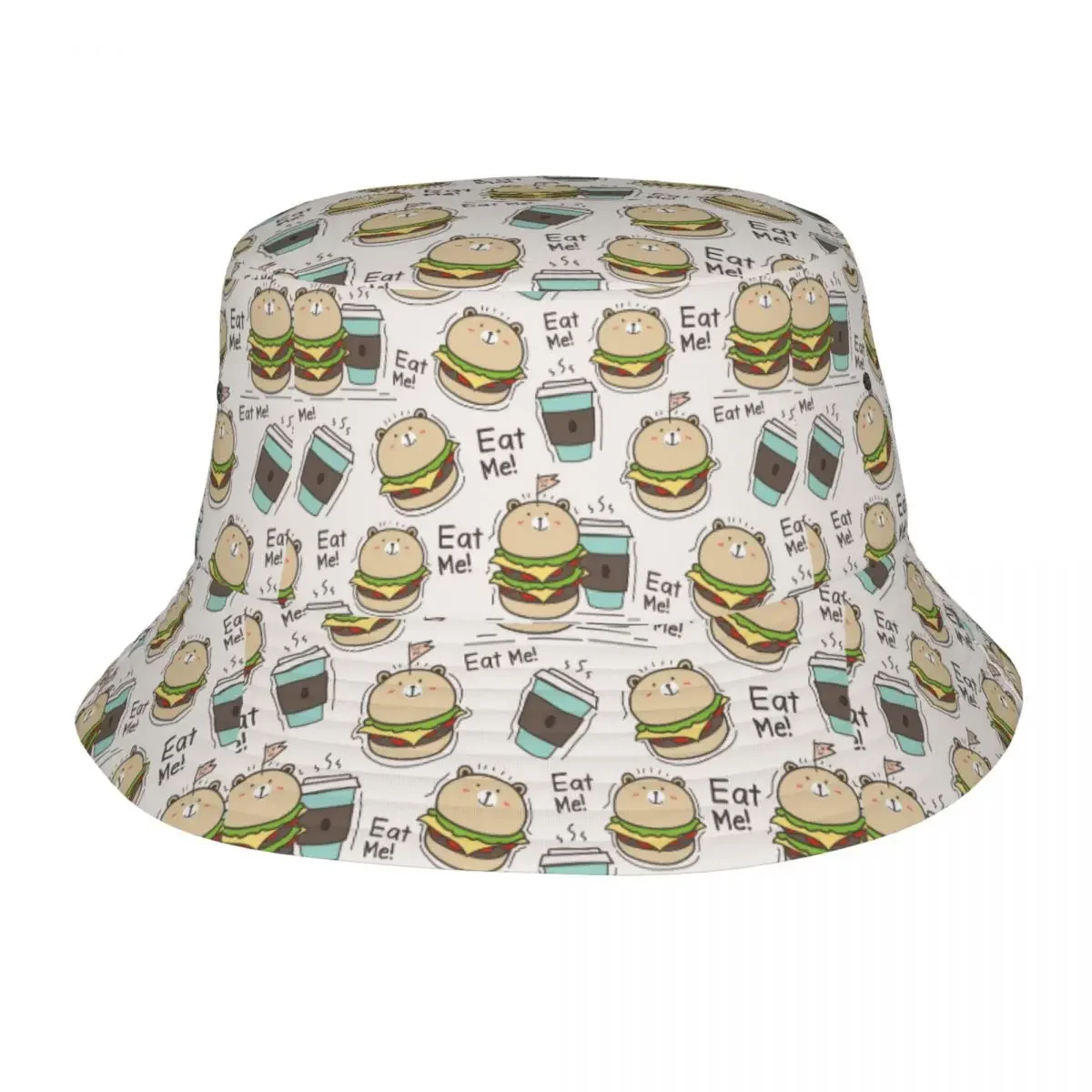 Custom Bear Burger Bucket Hats Men Women Fashion Summer Beach Sun Coffee Cup Fisherman Cap