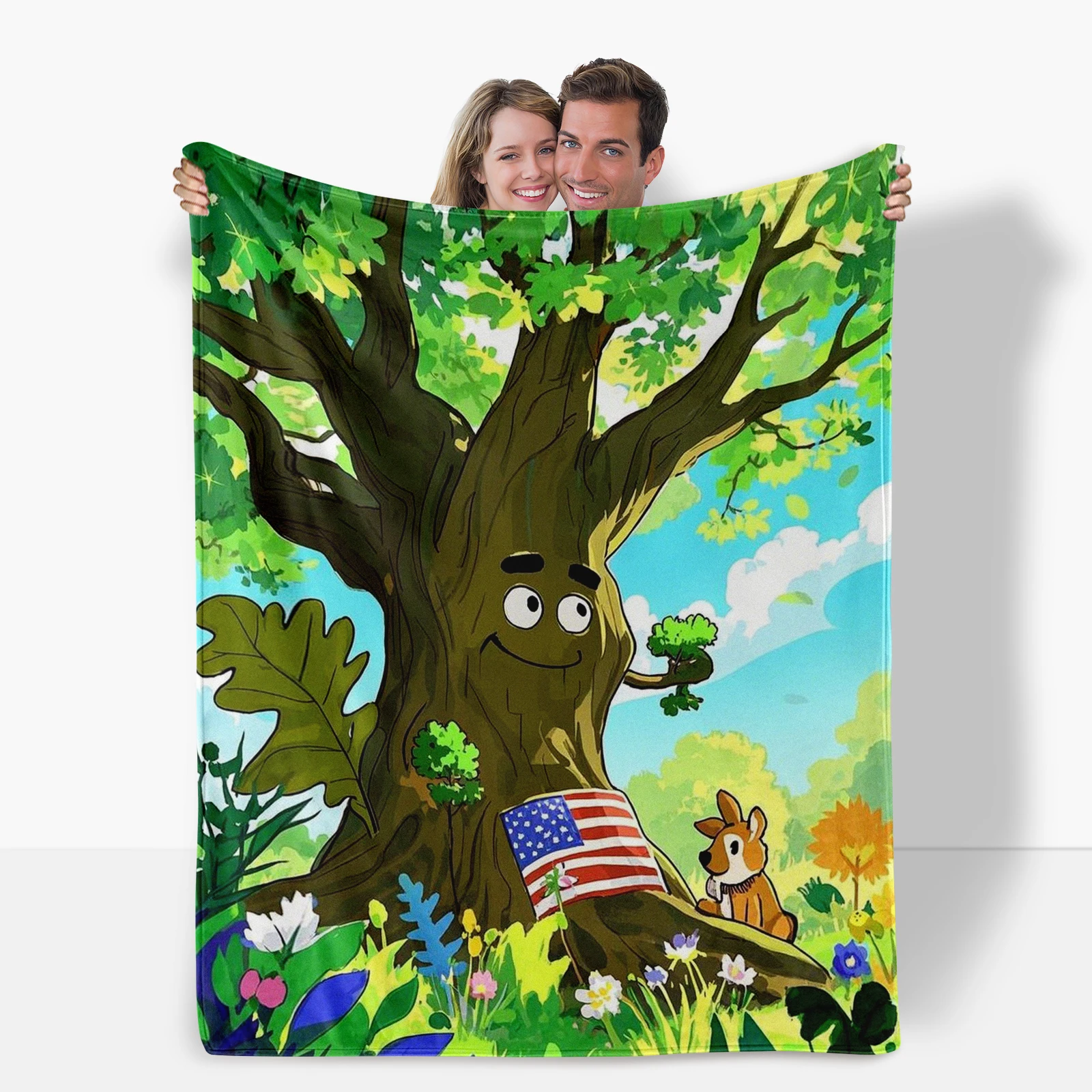 Cartoon Personified Oak Tree Blanket Brings Nature To Life With Cute Characters Ideal For Family Gifts