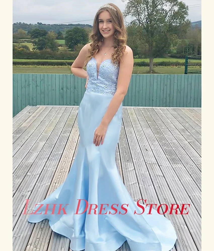 Vestido de noche de cristal de sirena de satén personalizado de alta calidad, vestidos de ocasión a medida hasta el suelo sin mangas con escote en forma de corazón a la moda