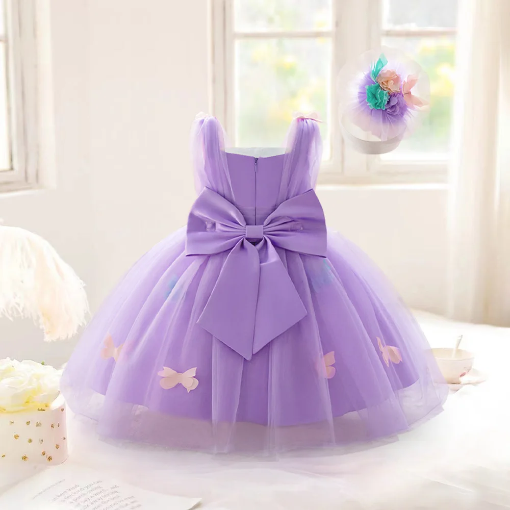 2pcs Girls Purple Butterfly Tulle Party Dresses Baby Princess Dress Girl Sleeveless Tutu Gown Toddler 1st Birthday Formal Wear