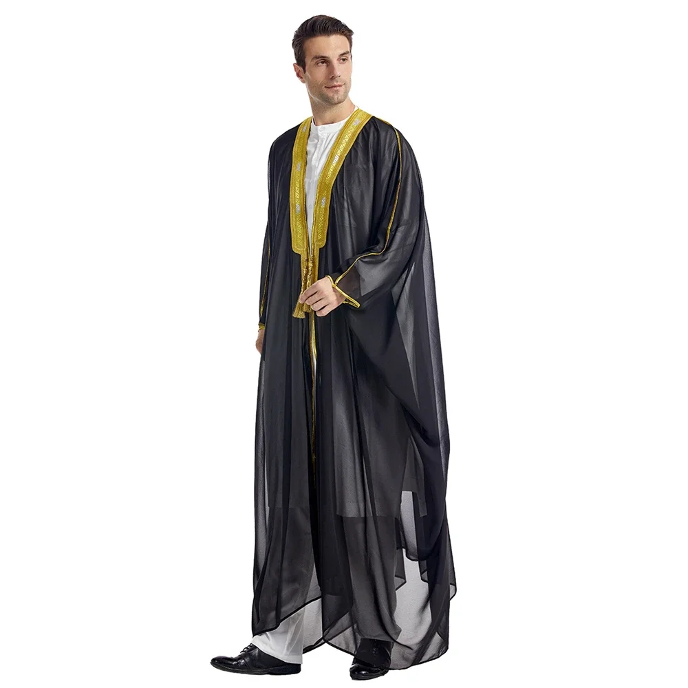 2025 New Islam Clothing Men Robe Chiffon Muslim Abaya Kimono Dubai Saudi Robe Prayer Abaya Kaftan Ramadan Jubba Thobe Caftan