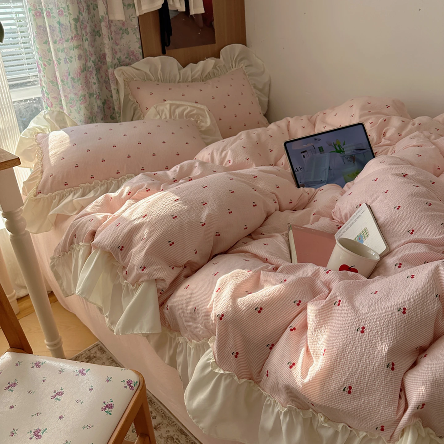 Kawaii Cherry Bedding Sets Ins Girly Cottagecore Ruffles Duvet Cover Fitted Sheet For Girls Woman Home Bedroom Kawaii Bed Linens