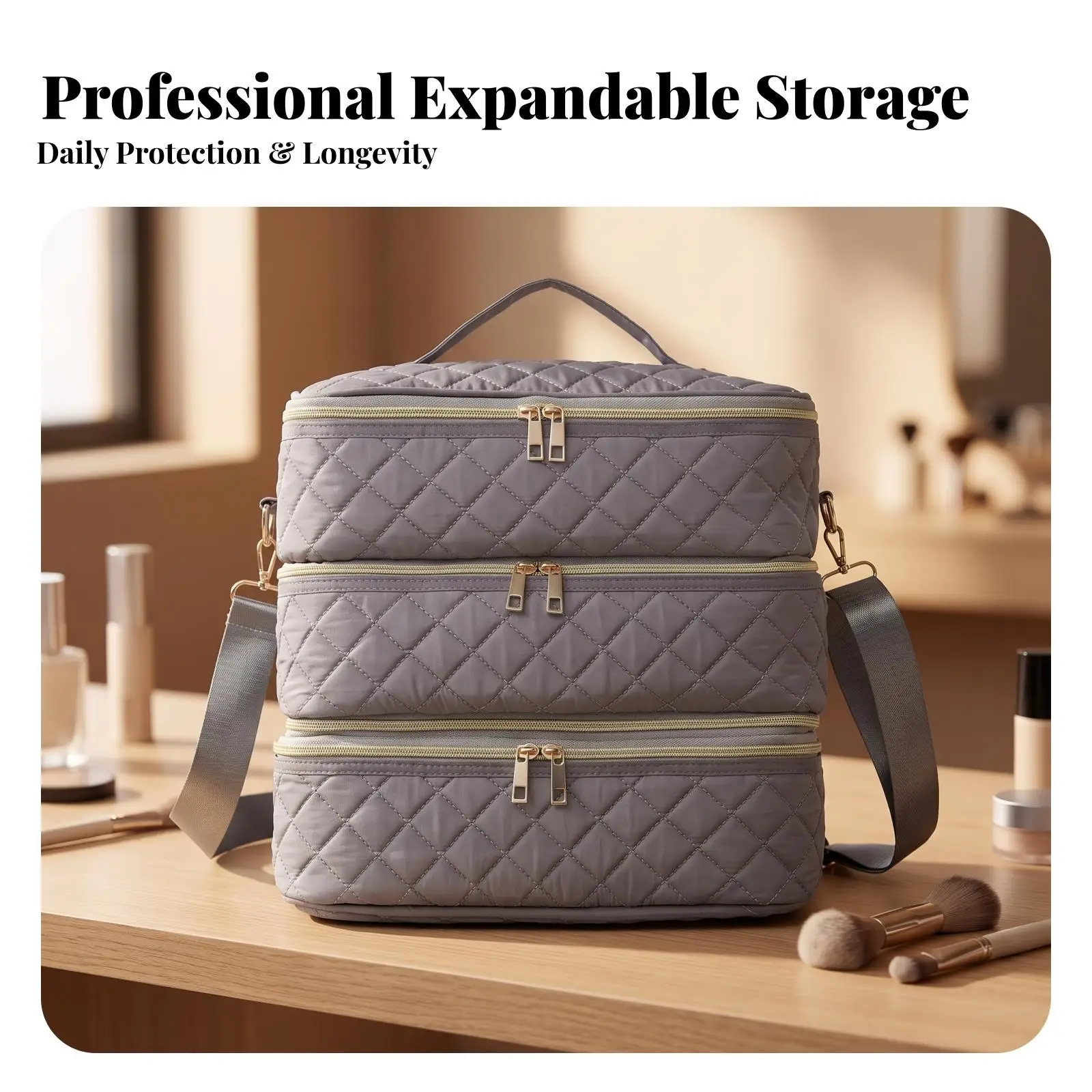 Portable Cosmetic Organizer Bag for Travel Makeup Case with Shoulder Strap Quilted Oxford Cloth Zippered Compartments Pouch