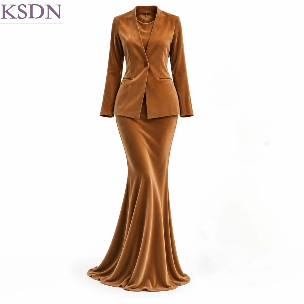 Fashion Velvet Women's Suits Dress Graceful One-Button Collarless 2 Piece Jacket With Skirts For Formal Event