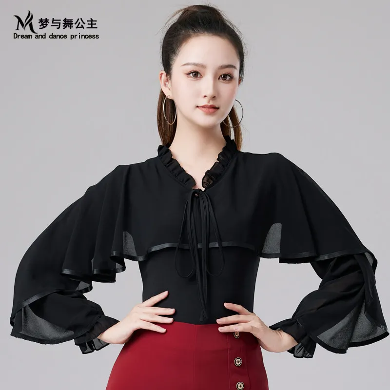 Customized Women Ruffled Sheer Mesh Mid Sleeve Dance Top Latin Social Ballroom Competition Modern Training Outfit Dancewear Top