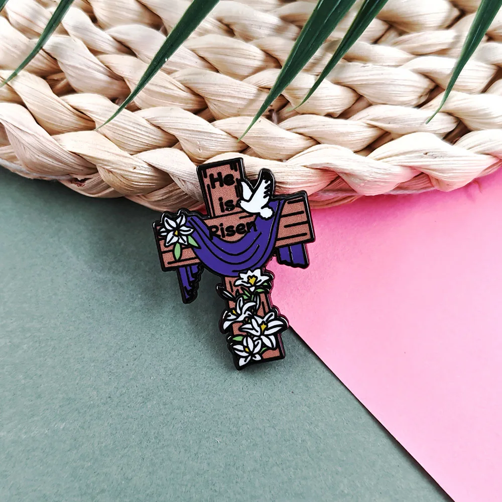 He Is Risen Brooch Christian Easter Cross Badge Purple Cloth Lily White Dove Enamel Pin Religious Themes Believer Bag Decoration