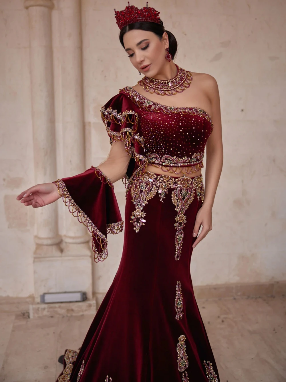 Fancy Burgundy Evening Dresses 2024 Beaded Tassel Two Pieces Bridal Gown Kaftan Floor-length Bride Dresses Vestidos De Novia