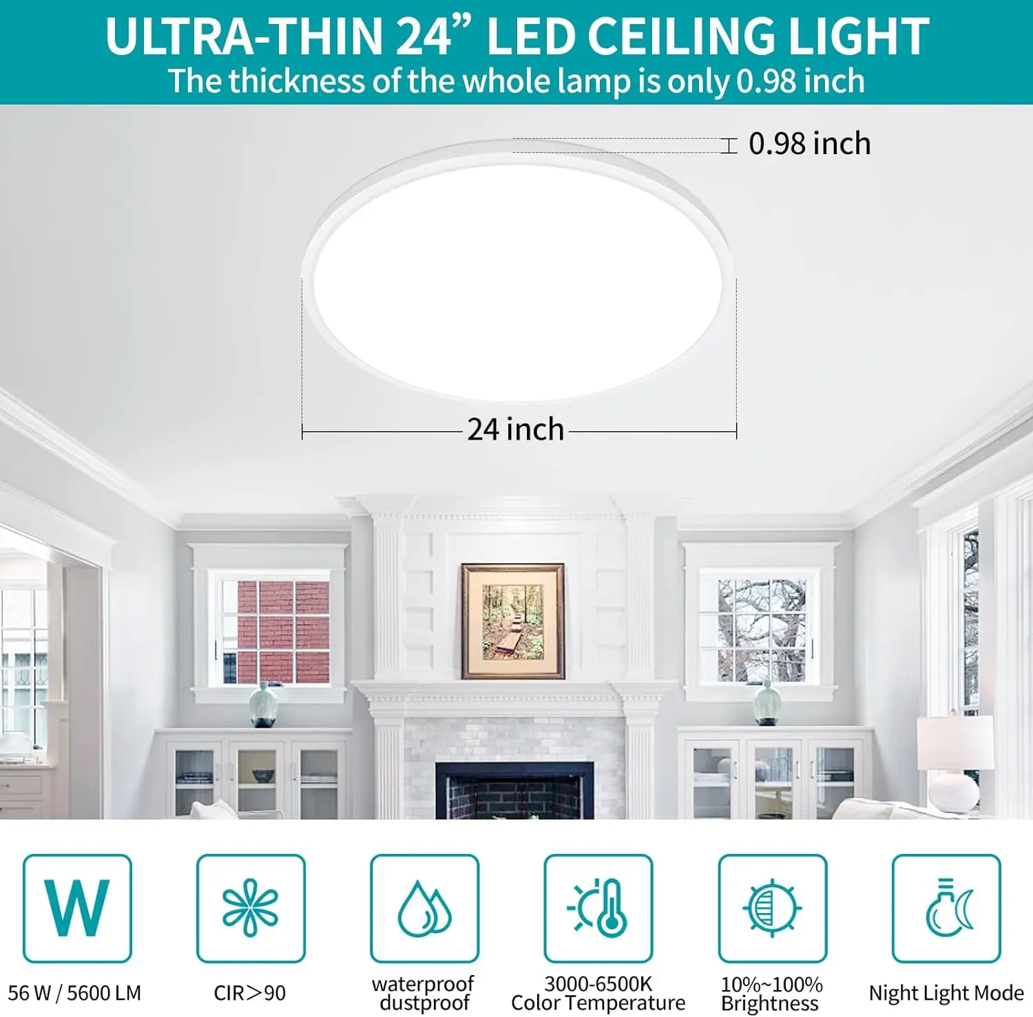 Luminária de teto LED redonda, ultra fino, montagem nivelada, regulável com controle remoto, branco, 56W, 5600 lúmen, 24"