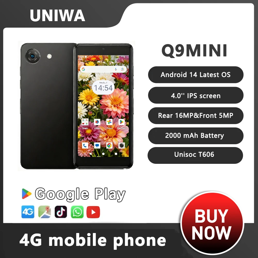 Nouveau UNIWA phonemax Q9 Mini Phone4.0 pouces Ips écran tactile petit téléphone portable 4g Android14 petit Mobile intelligent 2000 mAh batterie
