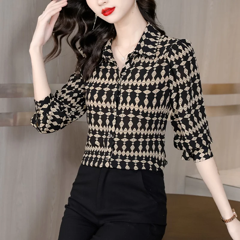 #2540 Spring 2024 Black Printed Chiffon Shirt Women Long Sleeve Vintage Office Shirt Female Regular Fit Womens Tops And Blouses