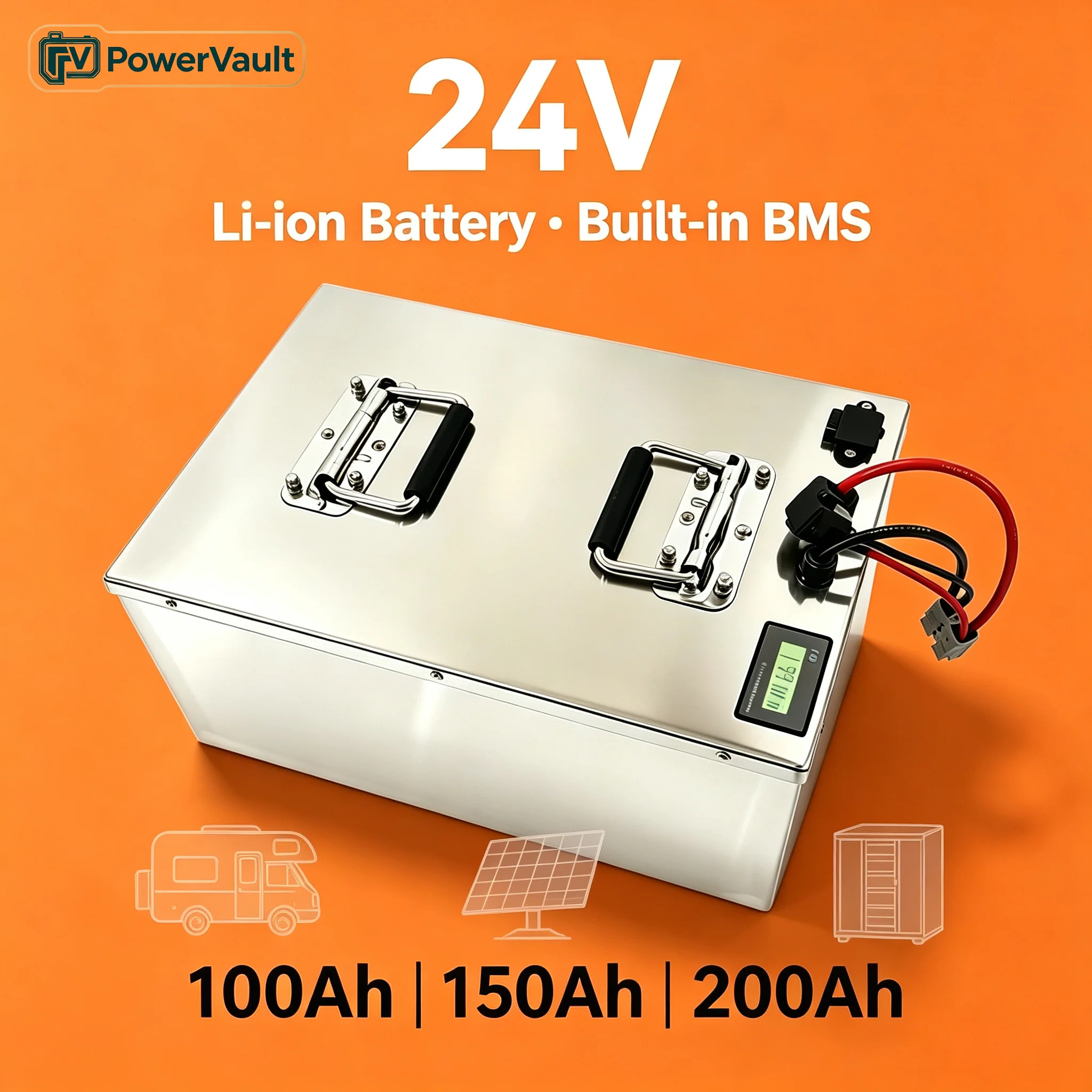 24V 100-400Ah Grade A Li Battery, Built-in BMS+Bluetooth, 4000 Deep Cycles, Smart Protect, for Solar/RV/Marine/Golf Cart & AGVs.
