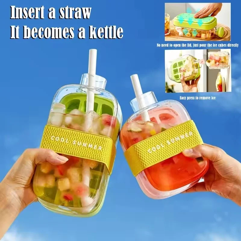 

New 2-in-1 500ML Maker Ice Tray Water Bottle Press Bottle Portable Maker Kettle With Lid Ice Making Straw Silicone Ice Kettle