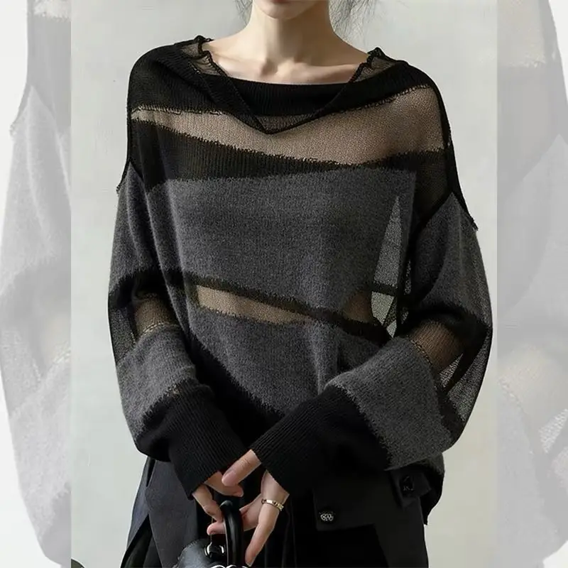 Atmospheric Contrasting See-through Sweater for Women Spring New Style High-end Versatile Slimming Pullover Sweater Top