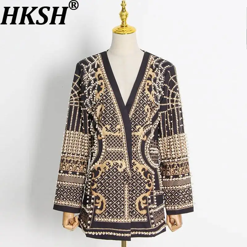 HKSH Autumn New Women's Elegant Fashion Luxury Heavy Craft Beaded Printed Coat Stylish V-neck Long Sleeve High-end Blazer HK8297