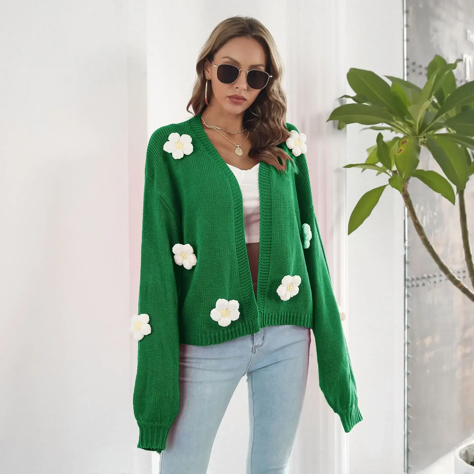 3d flowers cardigan crochet cardigan fleurs 3d flower Sweater Women Sweater Winter Autumn Cardigan Lantern Sleeve Jumper Coats