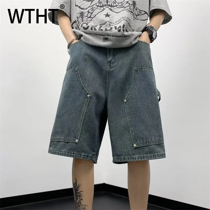

WTHT модные мужские лоскутные заклепки, бандажные свободные джинсовые шорты, винтажные прямые короткие брюки с высокой талией, мужские, лето 2021, 2A0402