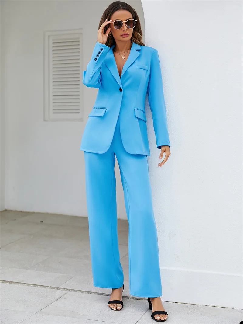 Casual Vrouwen Pak Set Blazer + Broek 2 Stuks Lichtblauw Sexy V-hals Hot Girl Jasje Tailored Outfit женский Костю Prom Jurk