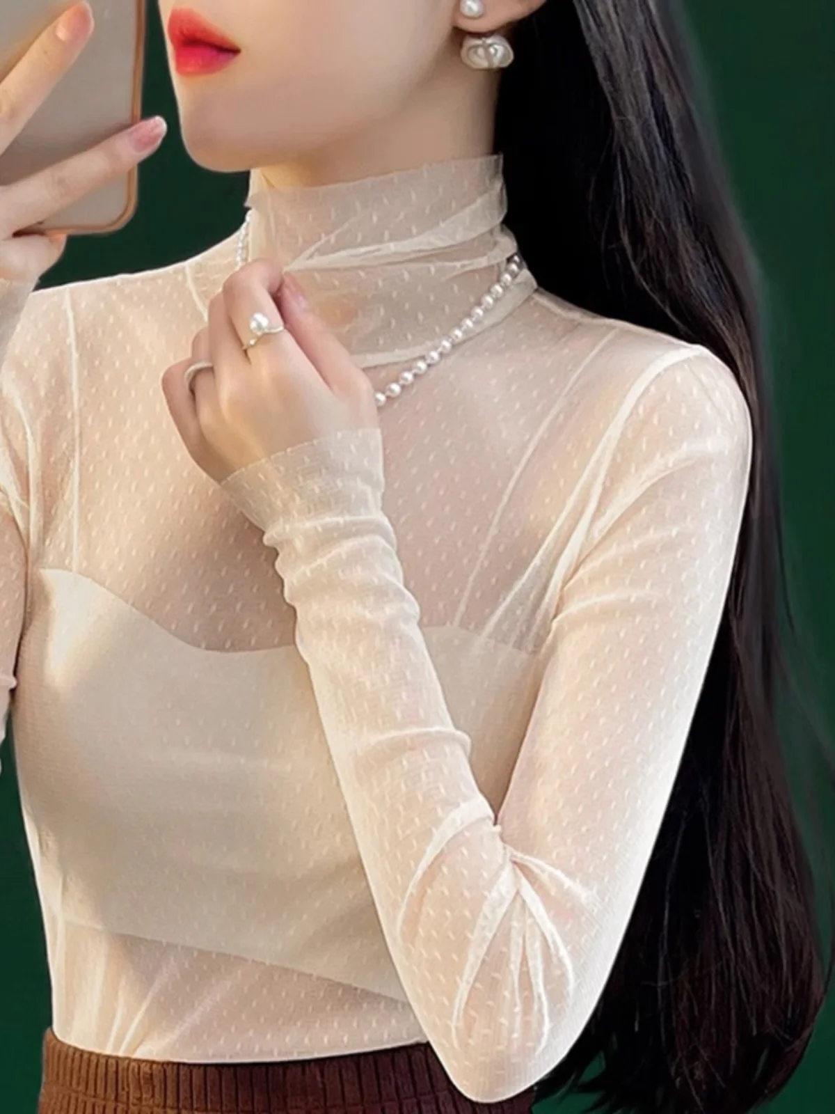 

Sexy High Collar Lace Base Shirt Women Inner Fashionable Small Shirt Autumn 2023 New Thin Mesh Netting Top Korean Style Long ...