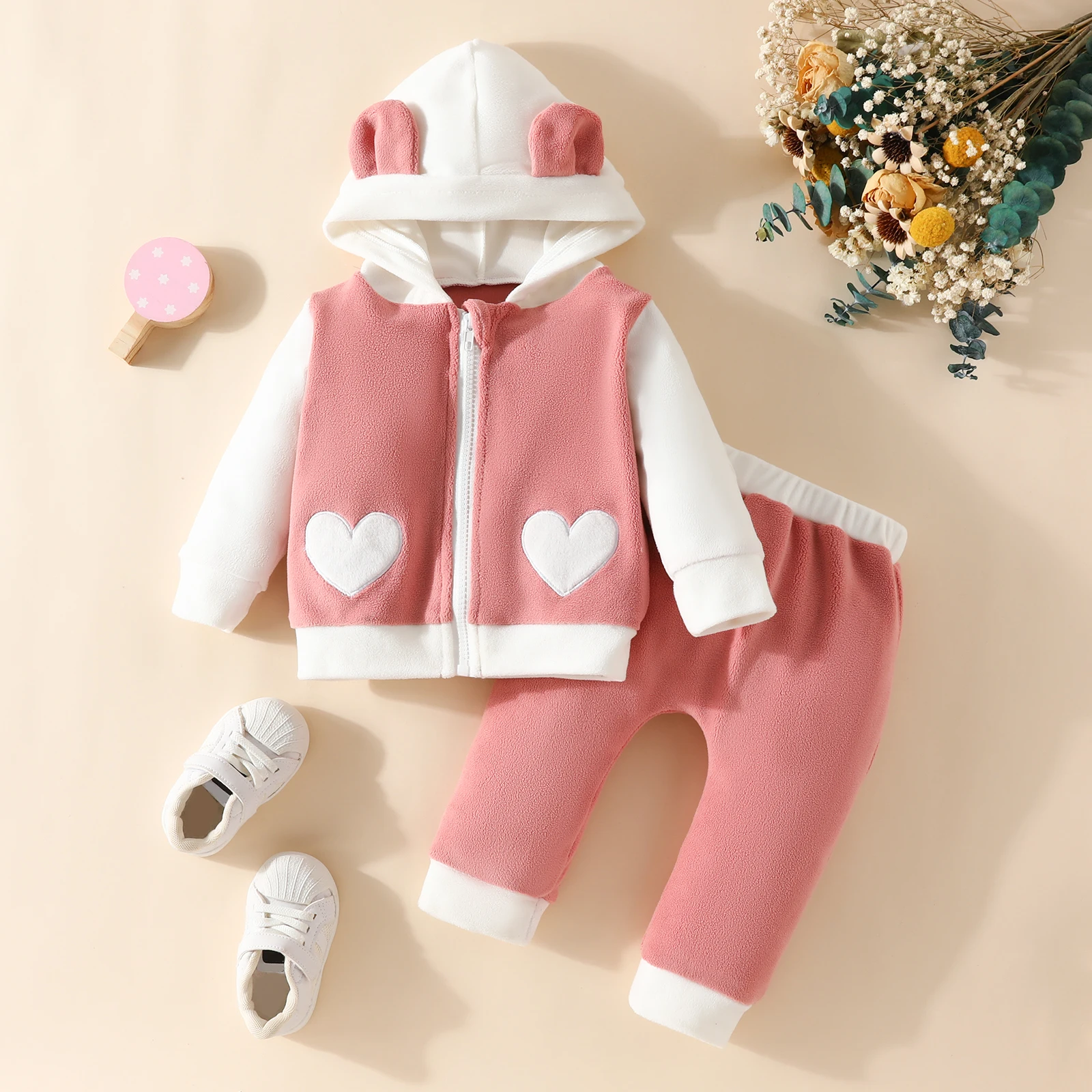 Two-piece baby and toddler Valentine\'s Day velvet rabbit ears hooded zipper love embroidered color contrast long sleeve pants se