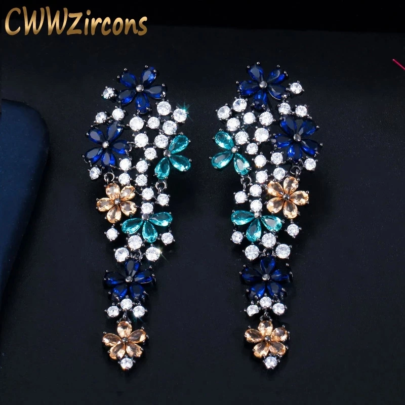 CWWZircons Long Drop Flower Multi Color Blue Cubic Zirconia Earrings for Women Fashion Statement Wedding Party Jewelry CZ669