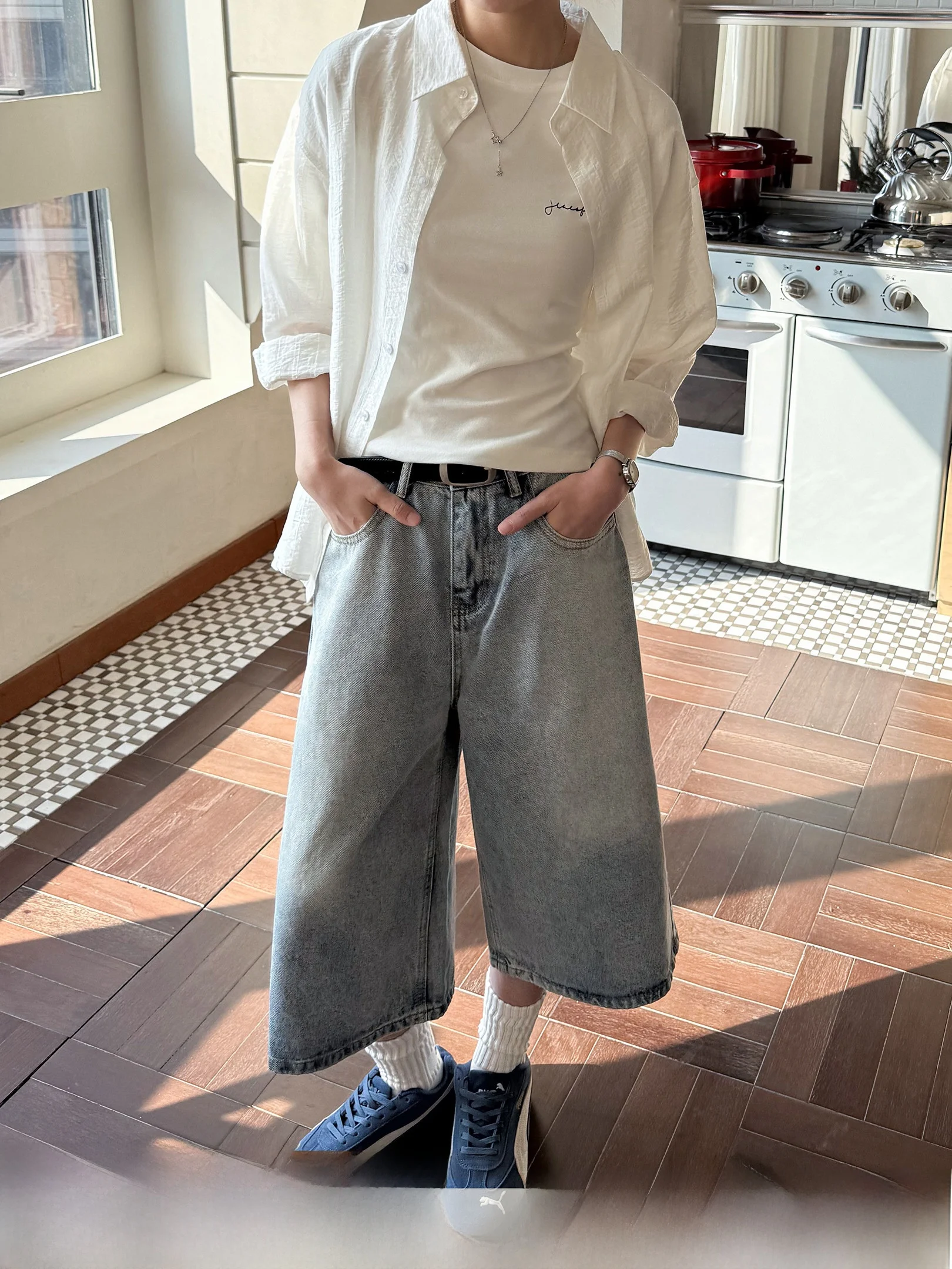 

Retro Seven-Foot Women's Jeans Summer New Loose Wide Leg Versatile Washed Straight Casual Mid-Pants Cotton Natural Waist