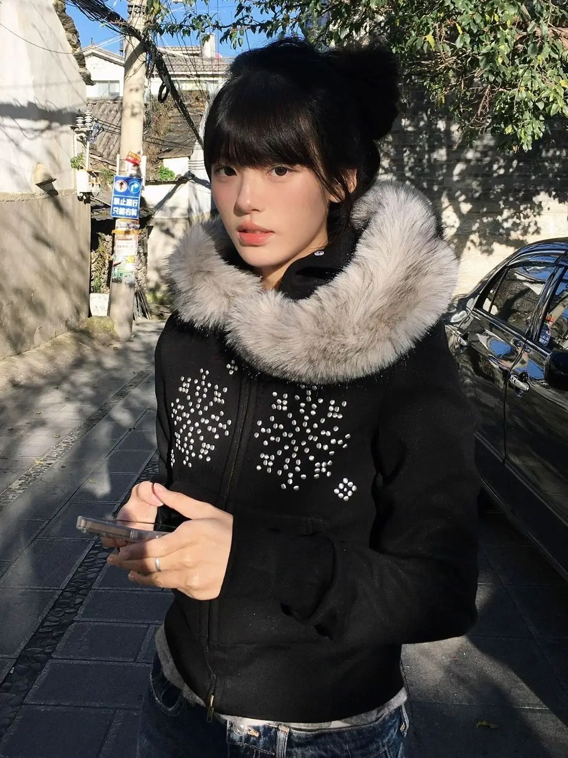 

American Short Fur Collar Hooded Sweater Women's Fleece Waist Slim Jacket