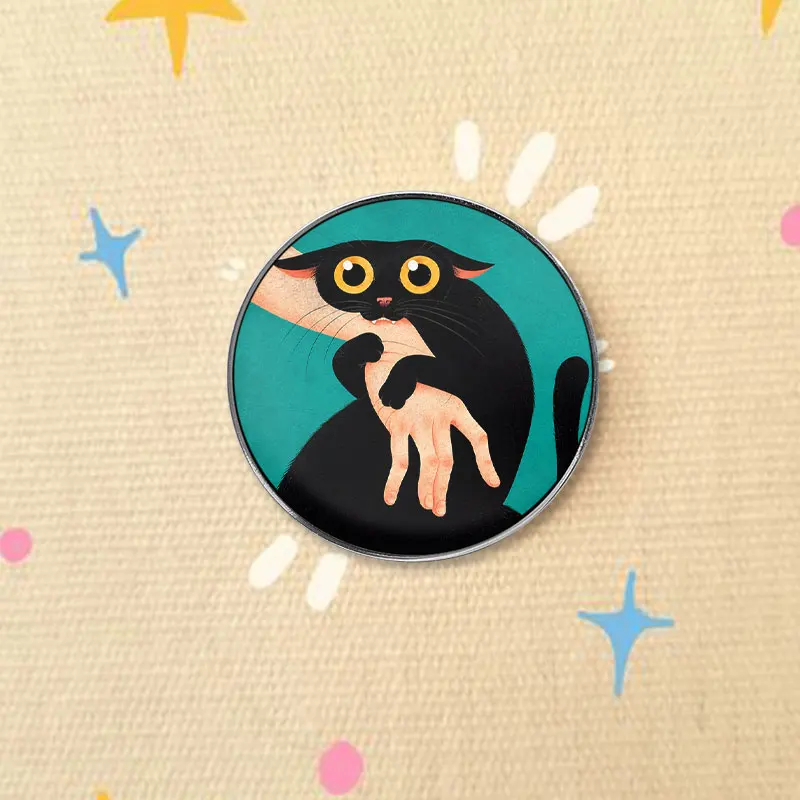 Black Cat Holding Human Hand UV Printing Pin Vintage Cute Pet Bonding Design Brooch Backpack Lapel Badge Jewelry