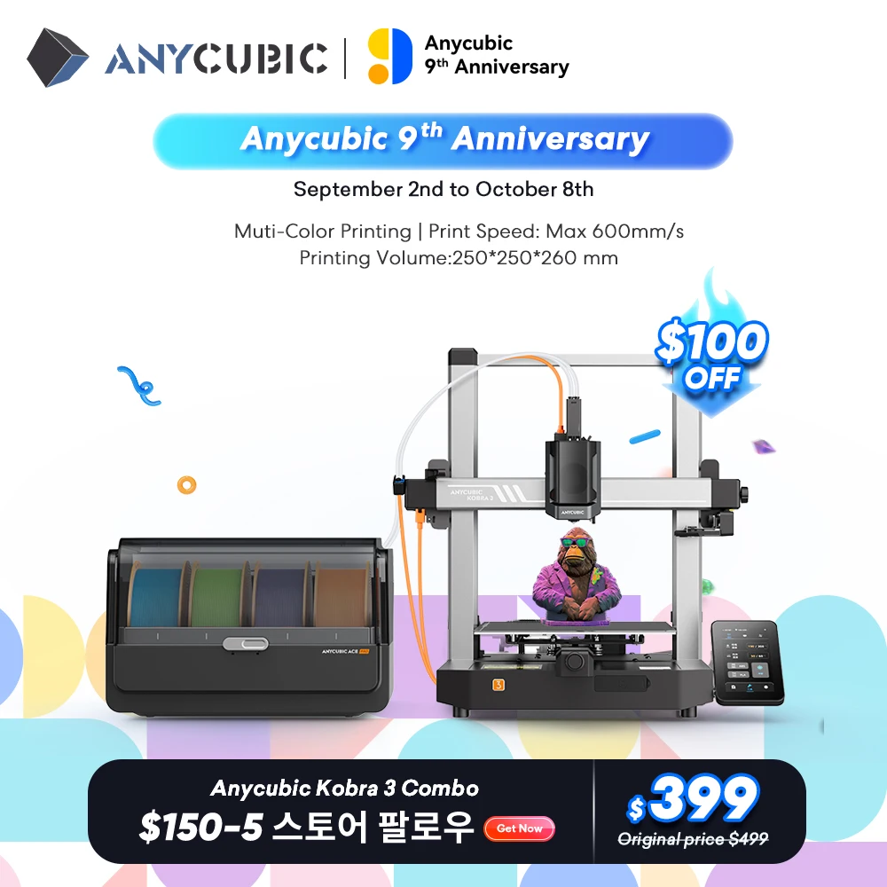 ANYCUBIC Kobra 3 콤보 FDM 멀티 컬러 3D 프린터, 최대 600 mm/s 인쇄 속도, 빌드 사이즈 250mm x 250mm x 260m, 4 ~ 8 색 인쇄 