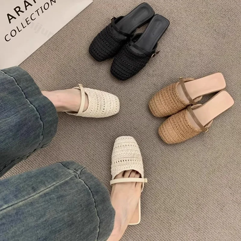 2026 Summer Thick Heel Fashion Hollow Women's Toe Half Slippers Comfortable Outdoor Beach Casual Woven Fesign Wedge Heel Sandals