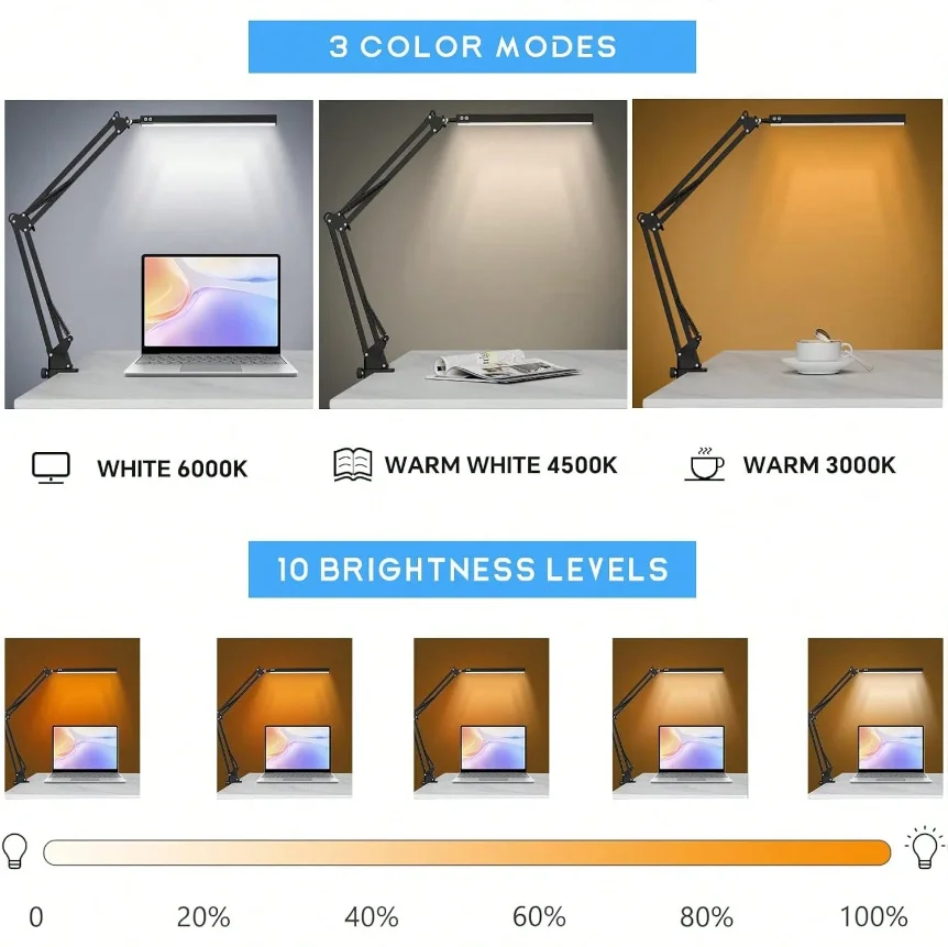 LED Desk Lamp For Home,Reading,Study,Adjustable Eye-Caring Desk Light with Clamp, 3 Color Modes,10 Brightness Table Light Office - view 3