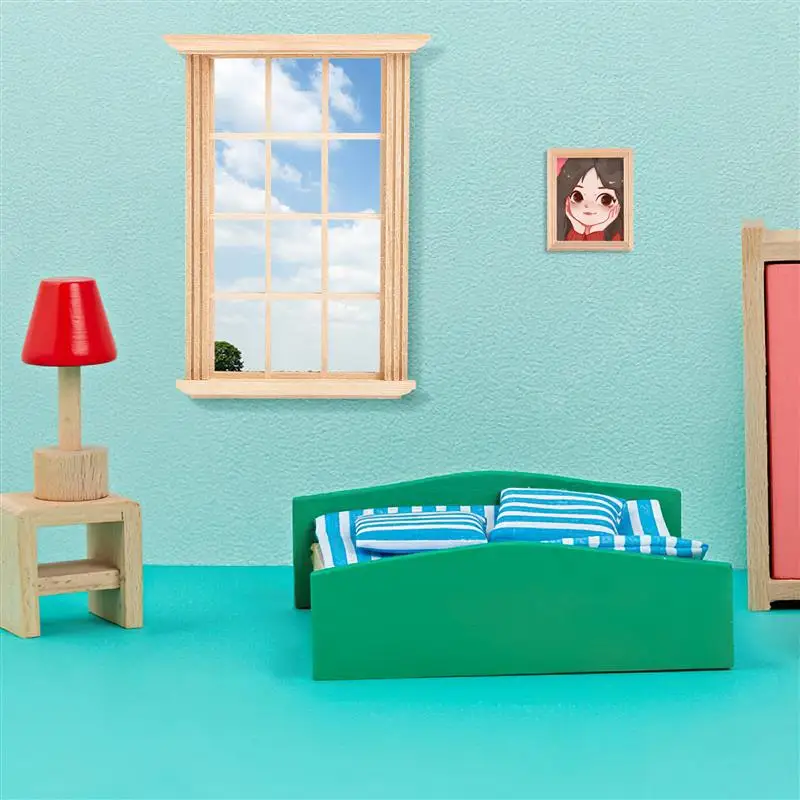 2pcs House Window Frame Ornament Wood Window Miniature Window Figurine Model Shutters Blind Window Kids 11.5x8.3x2cm