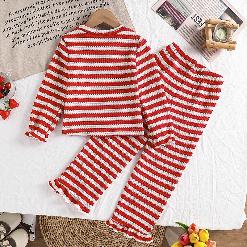 Girls 4-7 Striped 2Pcs Outfit, Strawberry Embroidery Long Sleeve Top & Ruffle Flare Pants Spring Autumn Kids Set
