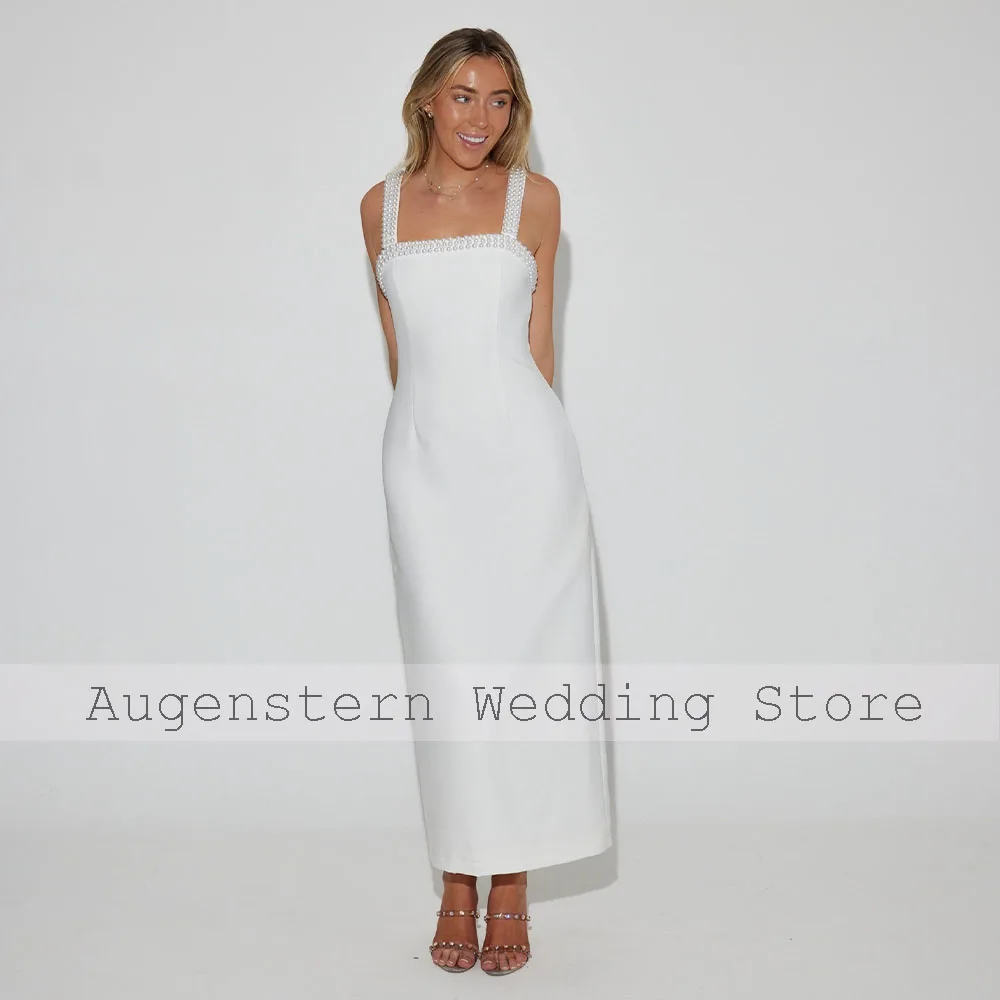 Wedding Dress Midi Peals Straps Sleeveless Square Collar Column Wedding Gowns for Women 2024 Bride Ankle Length Bridal Dresses