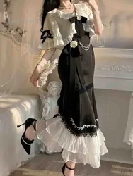 Französisch Vintage Fee Meerjungfrau Kleid Frauen Spitze koreanische Party Prinzessin Riemen Kleid weiblich Frühlings gericht süße Lolita Midi Kleid