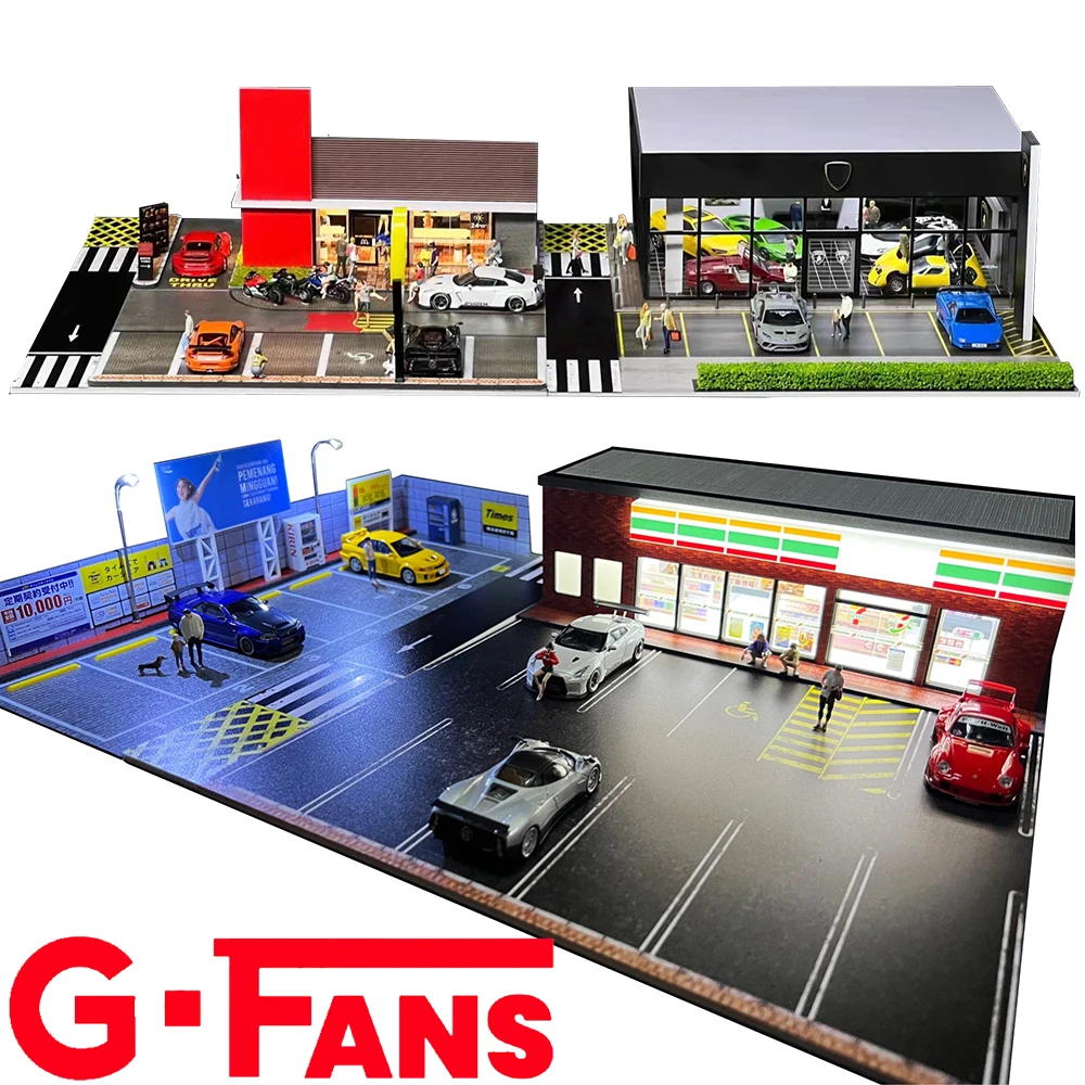 G FANS 1:64 Car Garage Models Shop Parking Building Led Diorama Building Scene Model with Lights Car Garage Diorama Scene Model