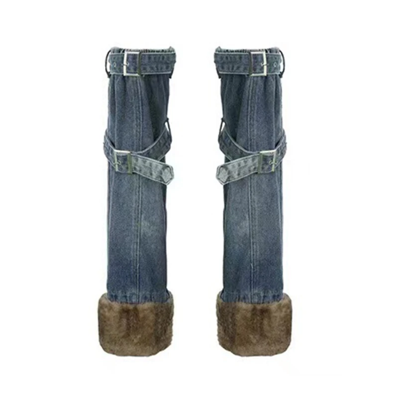 Women Punk Furry Spliced Jeans Leg Warmer Flared Boot Covers with Metal Buckled