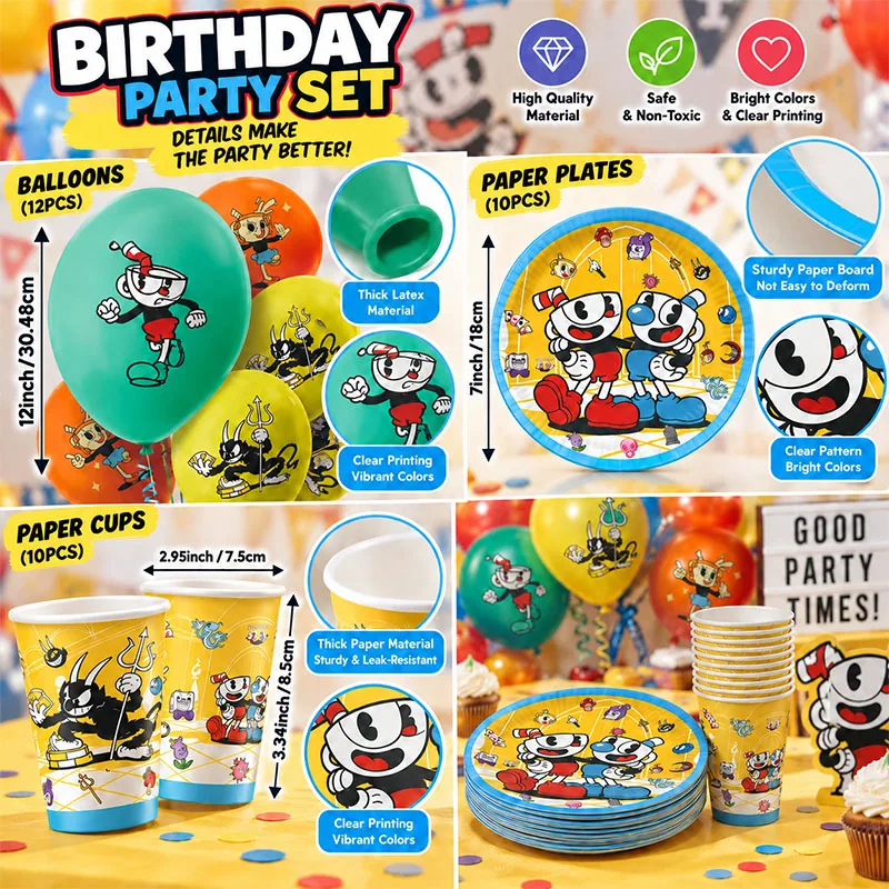 Cuphead Birthday Party Theme Cartoon Game Type Disposable Tableware Paper Tray Cup Gathering Latex Balloon Decoration Small Gift